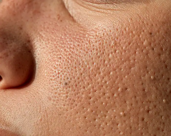 Macro photo of forehead skin with blocked pores and small whiteheads, the texture typical of comedonal acne