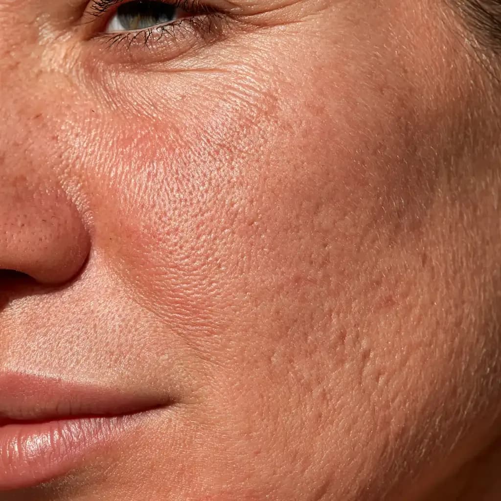 Macro close-up of healthy cheek skin texture, illustrating do i need a referral for a dermatologist
