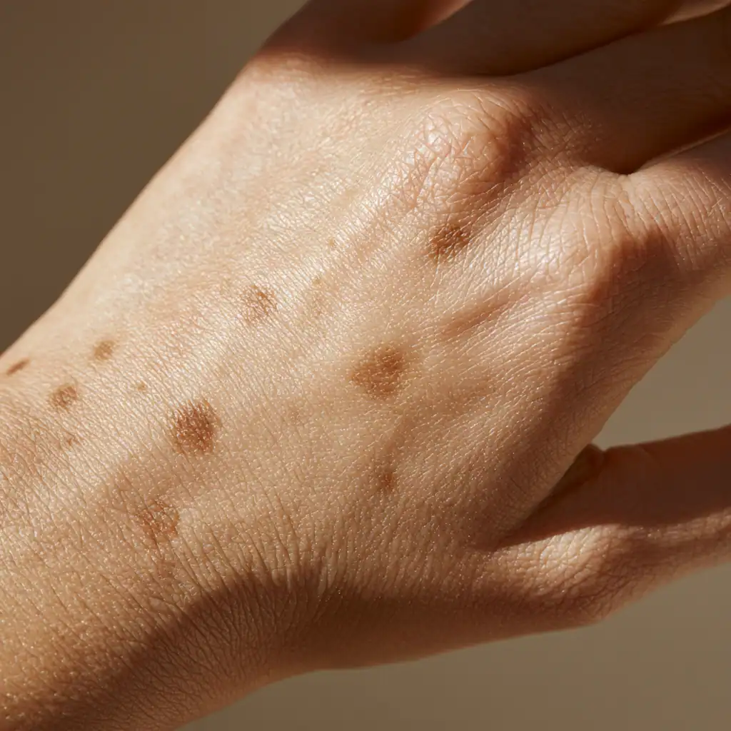 Macro photo of flat brown sun spots on skin, illustrating how do I get rid of age spots