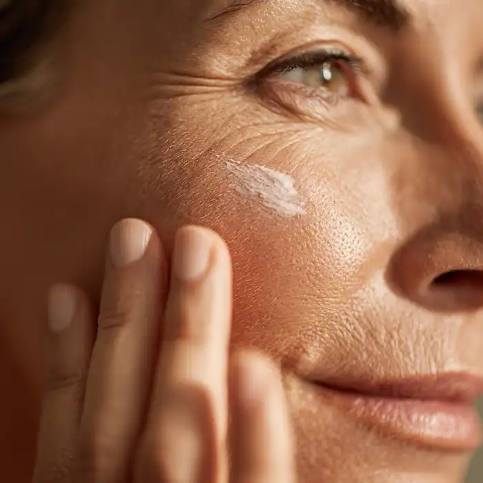 Macro close-up of hydrated cheek skin texture illustrating the right order for moisturiser and sunscreen