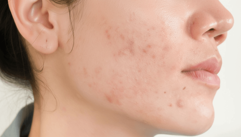 Close-up of clear, even-toned skin after prescription acne scar treatment with tretinoin and niacinamide