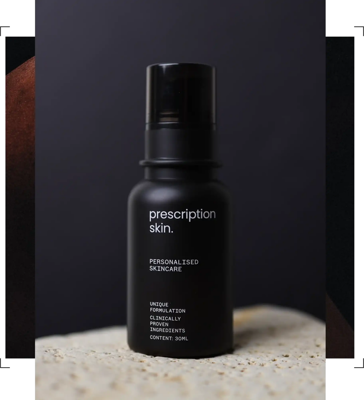 Prescription skin black bottle with white text.